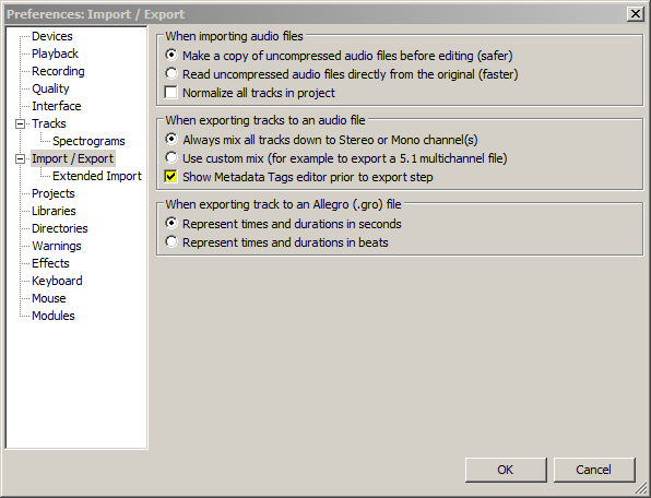 Audacity Preferences, Import-Export, ''Show Metadata tags editor prior to export''.png