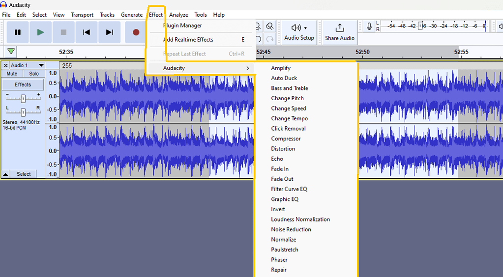 Please help - clicked EFFECTS - they're buried under "Audacity ...