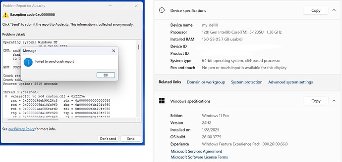 audacity error and system specs