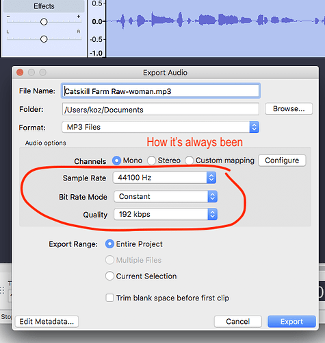 Screenshot Audacity correct export drop down