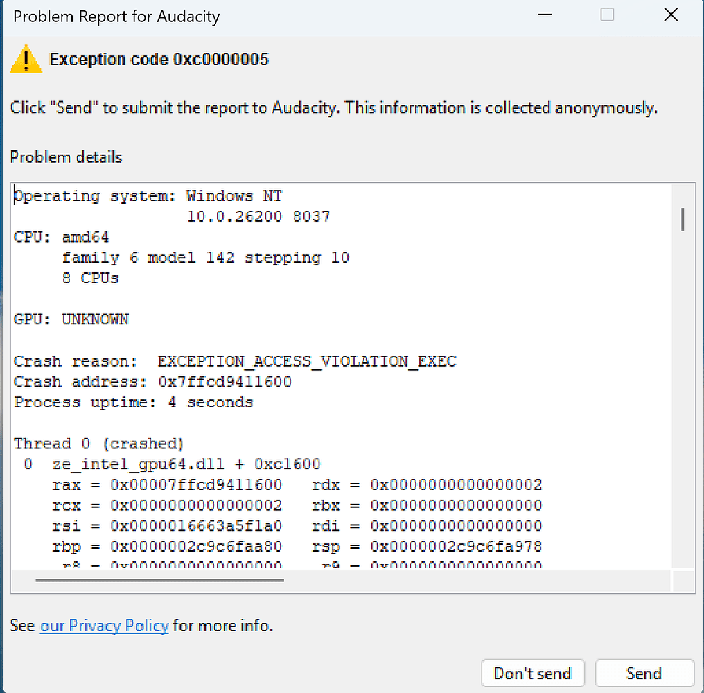 Audacity 3.7.7 crashes after installing OpenVino - Windows - Audacity Forum