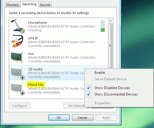 Disable 'mono mix', aka 'stereo mix', aka 'wave out', aka 'what-U-hear'.gif