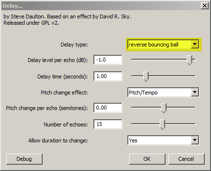 Audacity's Delay effect with ''reverse bouncing ball'' selected.gif
