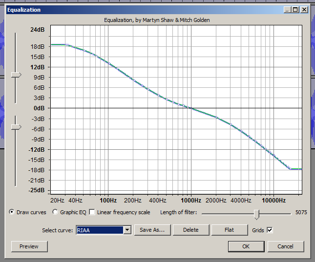 RIAA de-emphasis curve in Audacity equalizer, (cut treble, boosts bass).png