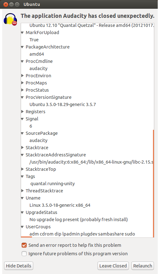 Audacity 2.0.2 Crashes after about a minute, every time. - GNU/Linux ...