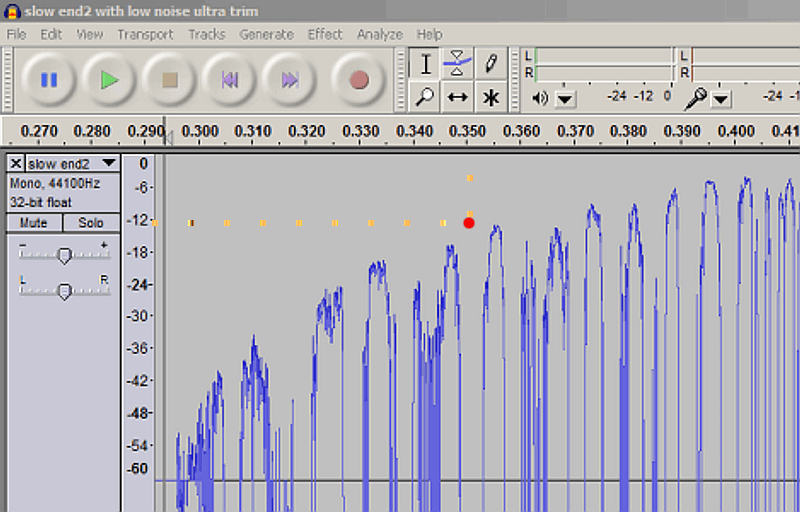 can read amplitude of envelope in dB at time X from Audacity display, eg -12dB @ 350ms.png