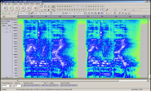 Spectrogram of ''I am joined by'' before-after DtBlkFx (contrast increased).png