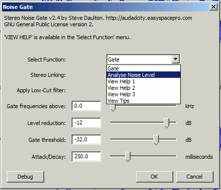 menu in Steve's noise gate plugin, ''analyse'' will suggest threshold .GIF