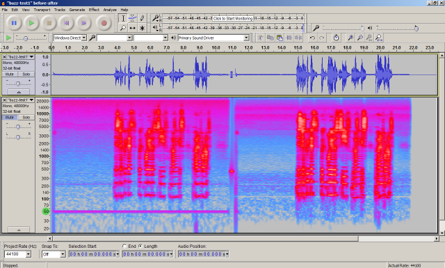 waveform & spectrogram of ''buzz-test1'' before-after.png