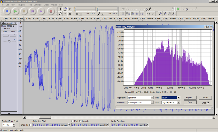 Audacity with waveform in dB and Frequency Analysis.png