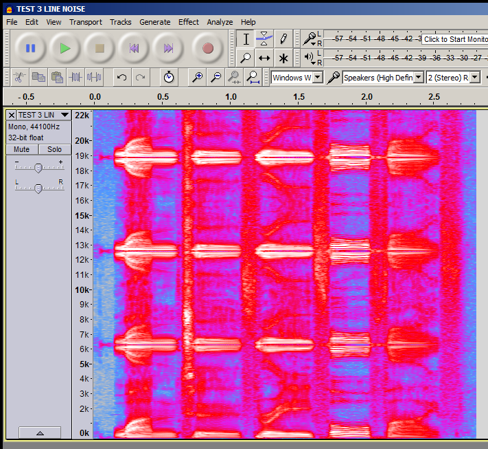 Audacity spectrogram of 'TEST 3 LINE NOISE WAV , metallic line noise on voice over test'.png
