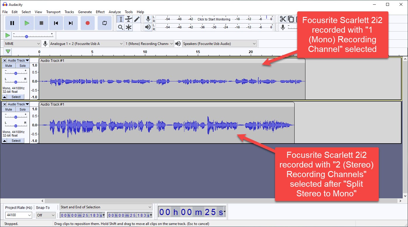 Audacity Mono vs Stereo Scarlett 2i2 After Split Stereo To Mono.jpg