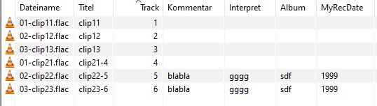 Tag overview of exported clips (MP3Tag)