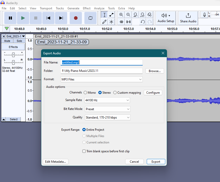 Please use the autogenerated recorded audio name in the export audio