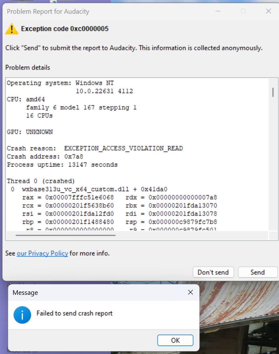 3.6.2 crash on exiting a project - Windows - Audacity Forum