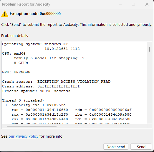 3.6.2 crash on exiting a project - Windows - Audacity Forum