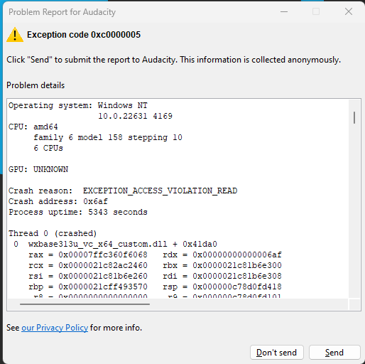 3.6.2 crash on exiting a project - Windows - Audacity Forum