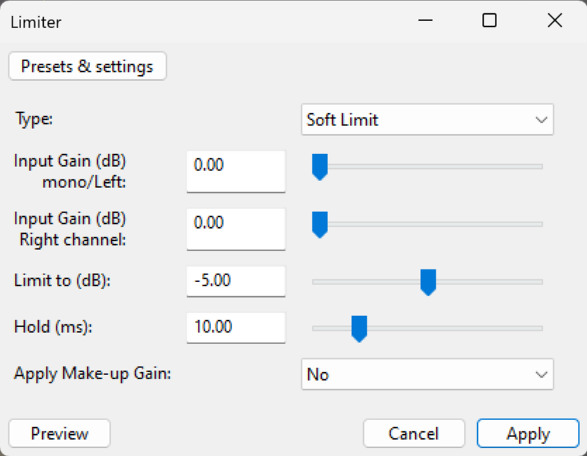 Limiter settings Windows Audacity Forum