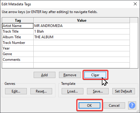 Audacity Edit Metadata Tags window