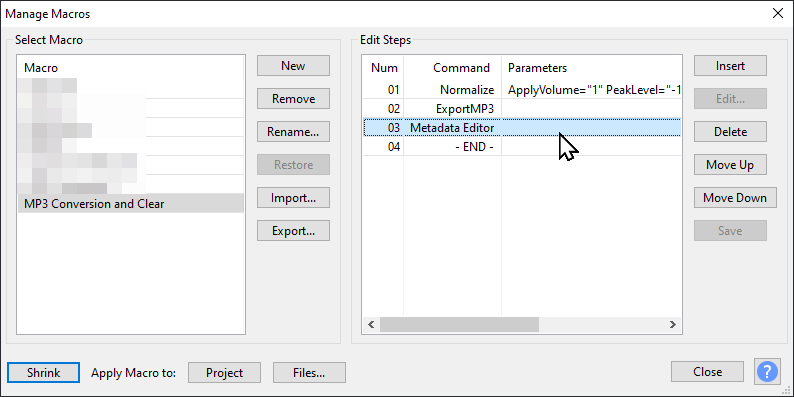 Audacity Manage Macros window