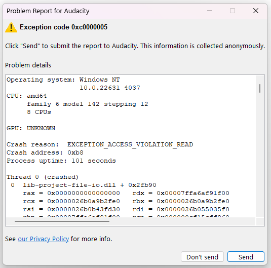 3.6.2 crash on exiting a project - Windows - Audacity Forum