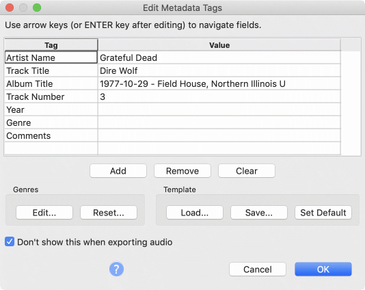 Edit Metadata Tags - macOS - Audacity Forum